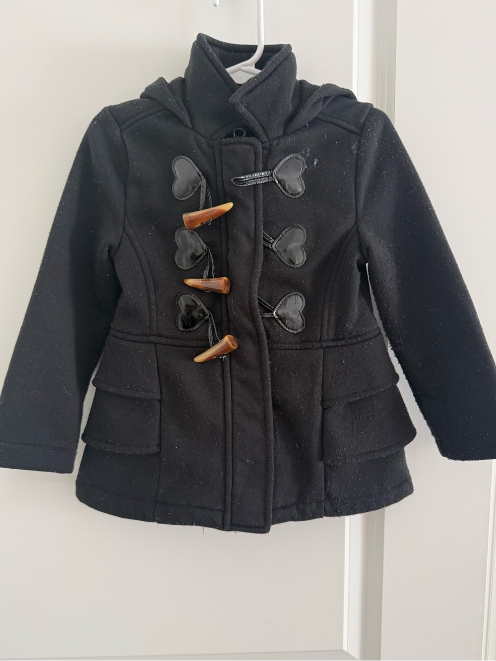 Girls' Black Toggle Pea Coat with Heart Detail